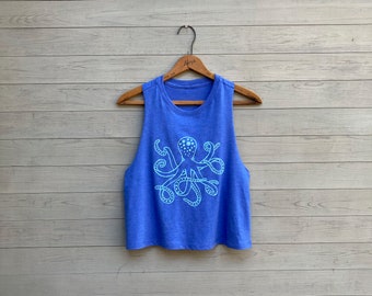 Octopus Print Crop Top: Bright Blue Beach Workout Tank
