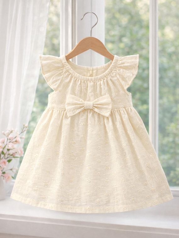 toddler crochet flutter-sleeve dress - ivory White Baby Dress