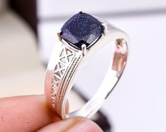 Blue Galaxy Sandstone Cushion Ring, 925 Sterling Silver, Personalized Promise Band