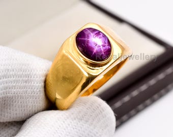 18K Gold Star Ruby Ring: Oval Cabochon Promise Ring, Sterling Silver Men's Jewelry
