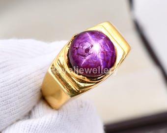 Handmade 18k Gold Natural Star Ruby Ring - Men's Gemstone Ring