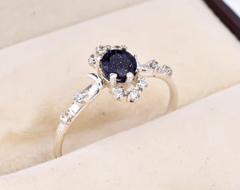 Round Cut Sandstone & Lab Created Gemstone Ring For Her, Handmade 18k White Gold Ring