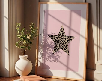 Arte mural de estrellas de leopardo, póster estético rosa, decoración de habitación coqueta, estampado atrevido y moderno, arte mural glamuroso Y2K, póster con estampado de leopardo femenino