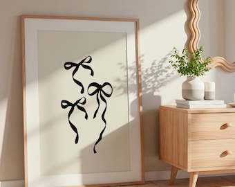 Lámina de pared con lazo coqueto, póster minimalista de lazos negros, descarga digital estética, decoración elegante y femenina, idea de regalo encantadora.