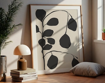 Arte mural botánico moderno / Impresión de silueta de hoja negra / Póster de planta beige neutro / Decoración escandinava minimalista