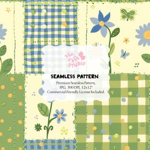 May include: A seamless pattern design featuring a patchwork of floral and gingham patterns in shades of green, blue, and yellow. The design includes flowers, butterflies, and polka dots. The text "SEAMLESS PATTERN" is visible.