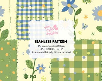 Floral Patchwork Seamless Pattern, Green Gingham Quilt Illustration, Cottage Garden Nursery Aesthetic, Fabric Print, Scrapbook, POD Design