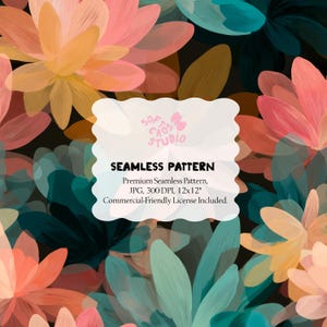 Könnte beinhalten: Ein nahtloses Muster mit abstrakten Blumenformen in Pfirsich, Orange, Türkis und Dunkelgrün auf schwarzem Hintergrund. Das Design enthält den Text "SEAMLESS PATTERN" und weitere Details.