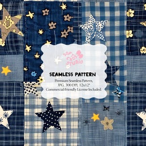 May include: A seamless pattern design featuring a patchwork of blue fabrics with star and floral embellishments. The design includes various shades of blue, with white and yellow accents. The text "SEAMLESS PATTERN" is displayed.