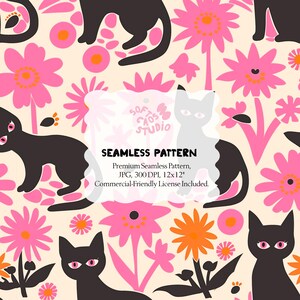 May include: A seamless pattern featuring black cats with pink eyes interspersed among vibrant pink and orange flowers on a cream background. Text reads: SOFTOS CAOS STUDIO SEAMLESS PATTERN Premium Seamless Pattern, JPG, 300 DPI, 12x12" Commercial-Friendly License Included.