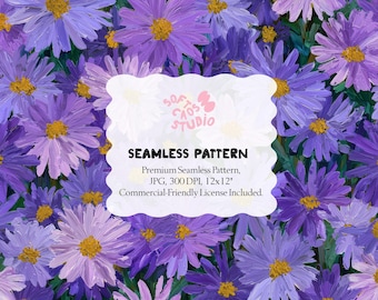 Purple Daisy Seamless Pattern, Hand Painted Floral Digital Paper, Violet Aster Repeat Print, Fabric Pattern