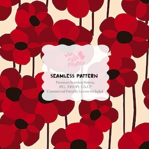 May include: A seamless pattern featuring stylized red flowers with black centers on a cream background. The design includes the text "SEAMLESS PATTERN" and other details about the pattern.