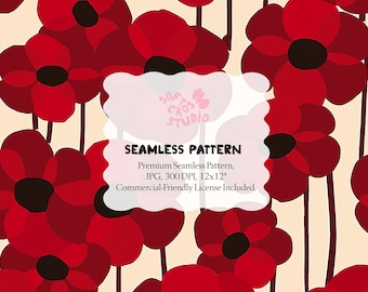 Patrón floral rojo sin costuras, patrón de flores verticales, estampado floral retro moderno, diseño popular escandinavo, 30 x 30 cm, JPG, 300 ppp