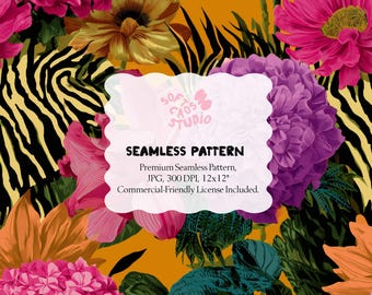 Patrón sin costuras de cebra floral tropical, papel digital de flores de la jungla, estampado animal llamativo, repetición exótica