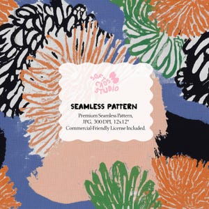 May include: Seamless pattern design featuring abstract floral shapes in black, orange, green, and peach against a blue background. The design includes the text "SEAMLESS PATTERN" and "50 CADS STUDIO".