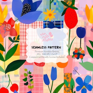 May include: A colorful seamless pattern featuring stylized flowers, strawberries, and abstract shapes in a patchwork design. The pattern includes text that reads "SEAMLESS PATTERN" and other details about the image file.