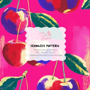Op de afbeelding: Naadloos patroon met gestileerde kersen in rood, paars en groen op een felroze achtergrond. Het ontwerp bevat de tekst "SEAMLESS PATTERN" en andere details.