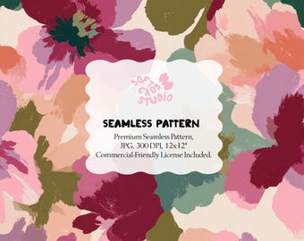 Patrón floral abstracto sin costuras, patrón floral pictórico, flores modernas pintadas, diseño floral artístico sin costuras, 30 x 30 cm, JPG, 300 ppp