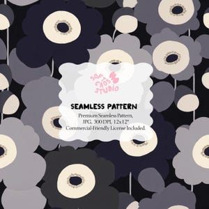 Może przedstawiać: Bezszwowy wzór z dużymi, stylizowanymi kwiatami w odcieniach szarości, granatu i kremu na czarnym tle. Projekt zawiera tekst "SEAMLESS PATTERN" i "SOFT CAOS STUDIO". Wzór ma wymiary 30,48 x 30,48 cm.