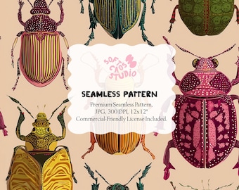 Patrón sin costuras de escarabajos, papel digital vintage de insectos, estampado repetitivo de insectos, patrón de entomología