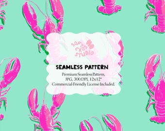 Pink Lobster Seamless Pattern, Preppy Coastal Digital Paper, Nautical Seafood Repeat for Fabric, Summer Beach Pattern JPG