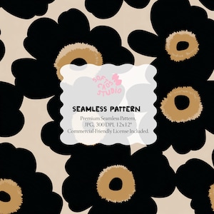 Puede incluir: Patrón sin costuras con grandes flores negras con centros beige sobre un fondo beige. El diseño incluye el texto "SEAMLESS PATTERN". El patrón mide 30,48 x 30,48 cm.