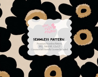Patrón floral negro sin costuras • Estampado floral retro moderno • Estética beige neutra • 30 x 30 cm, JPG, 300 ppp
