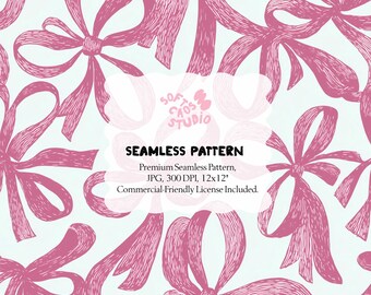 Patrón sin costuras de lazo rosa, papel digital con cinta coqueta, estampado de lazo dibujado a mano, patrón repetitivo femenino