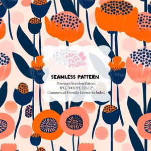 May include: A seamless pattern featuring stylized orange and navy blue flowers with dotted details on a light peach background. The design includes the text "SEAMLESS PATTERN". The pattern is 12x12 inches.
