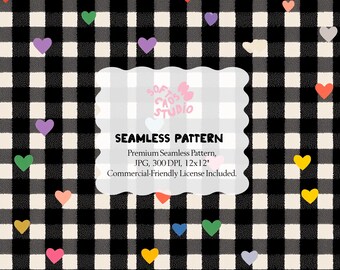 Patrón de cuadros vichy negros y crema sin costuras con pequeños corazones multicolores. Diseño a cuadros divertido y encantador. 30 x 30 cm. JPG, 300 ppp.