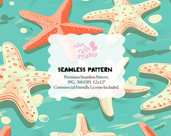 Starfish Seamless Pattern, Coastal Beach Ocean Repeat, Nautical Summer Sea Life Fabric Design, Tropical Marine Print