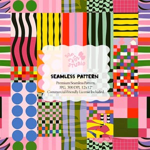 Könnte beinhalten: Ein farbenfrohes nahtloses Musterdesign mit verschiedenen geometrischen Formen und Mustern in Rosa, Grün, Gelb und Blau. Das Design umfasst Streifen, Kreise und Schachbrettmuster. Der Text "SEAMLESS PATTERN" wird angezeigt.