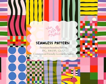 Patrón de patchwork colorido sin costuras, repetición abstracta geométrica retro, diseño de rayas de cuadros brillantes, papel digital para uso comercial.