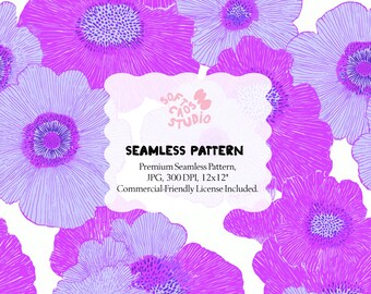 Patrón floral morado sin costuras, papel digital de flores lilas, estampado floral llamativo, estampado de flores grandes