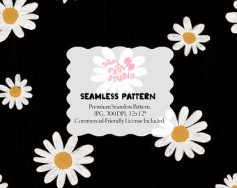 Patrón sin costuras de margaritas negras, papel digital de margaritas blancas, estampado floral repetitivo, patrón floral minimalista