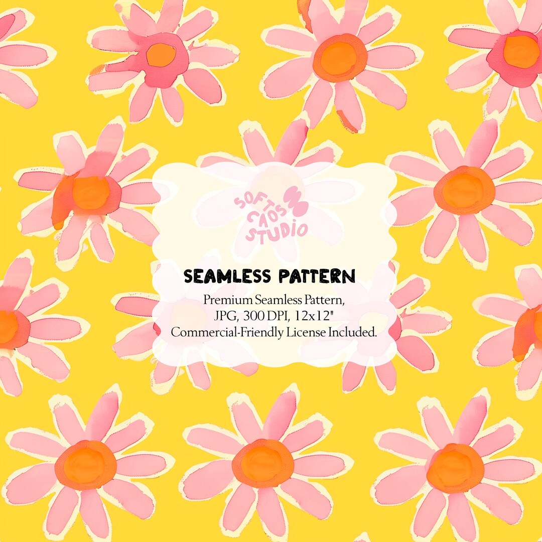 Daisy Seamless Pattern, Hand Painted Pink Flowers on Bright Yellow ...
