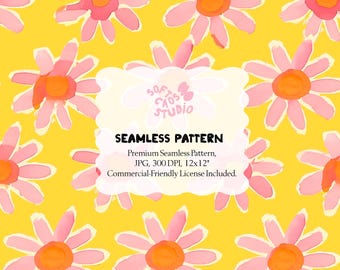 Daisy Seamless Pattern, Hand Painted Pink Flowers on Bright Yellow Background, Retro Summer Floral Repeat, Fabric Print, POD Design