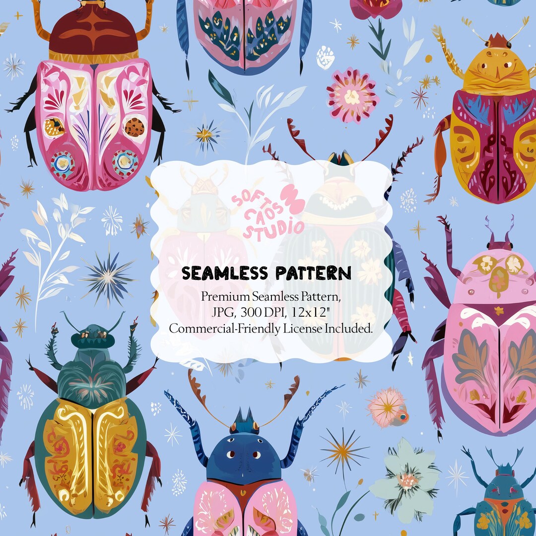 Repeat Patterns Insect Shell Boho Beetle Seamless Pattern, Whimsical Insect Digital Paper, Colorful ...