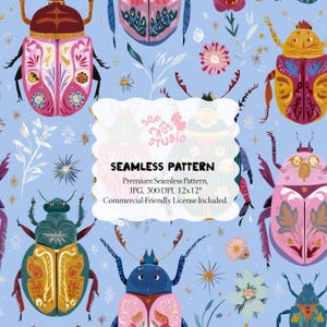 May include: A seamless pattern featuring colorful, stylized beetles and floral elements on a light blue background. The design includes various beetles in shades of pink, yellow, green, and blue, with intricate patterns. The text "SEAMLESS PATTERN" is also included.