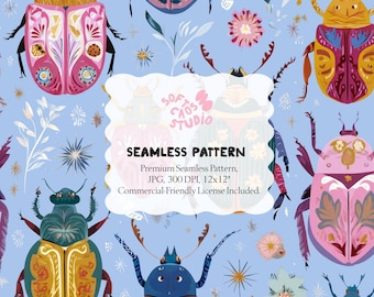 Boho Beetle Seamless Pattern, Whimsical Insect Digital Paper, Colorful Floral Bug Repeat Print, Fabric Pattern