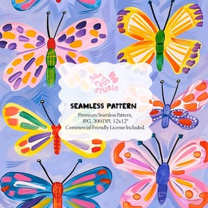 Könnte beinhalten: Ein nahtloses Muster mit bunten Schmetterlingen in verschiedenen Flügeldesigns in Rosa, Gelb, Blau und Orange. Die Schmetterlinge sind vor einem hellblauen Hintergrund platziert. Der Text "SEAMLESS PATTERN" ist enthalten.