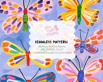 Patrón sin costuras de mariposas coloridas con ilustración folclórica pictórica sobre fondo lavanda. 30,5 x 30,5 cm. JPG, 300 ppp.
