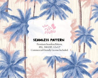 Pastel Palm Tree Seamless Pattern, Retro Tropical Digital Paper, Blue and Peach Coastal Repeat Print, Beach Fabric Pattern
