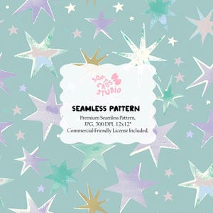 May include: Seamless pattern design featuring stylized stars in shades of purple, green, and gold on a light blue background. The design includes the text "SEAMLESS PATTERN".