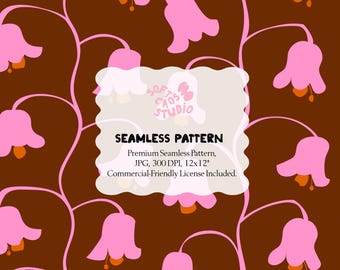 Pink Floral Seamless Pattern, Retro Flower Pattern, Groovy Floral Design, Pink Botanical Repeat for Fabric & Wallpaper, Digital JPG