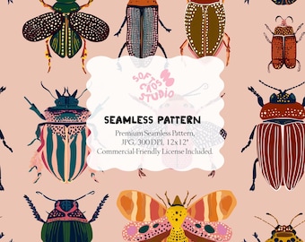 Patrón sin costuras de escarabajos y polillas coloridos (JPG) • 30,5 x 30,5 cm • 300 ppp • Patrón de insectos vintage repetitivo • Uso comercial