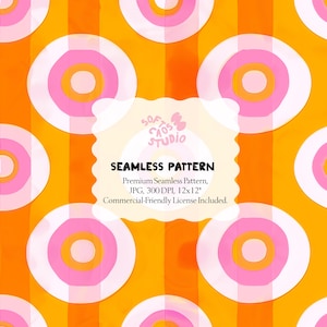 May include: Seamless pattern with a retro design. The pattern features large white circles with pink and orange inner circles, set against a background of orange vertical stripes. The text "SEAMLESS PATTERN" is visible.