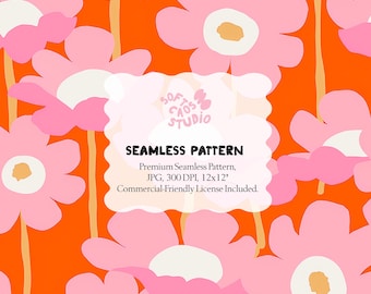 Retro Floral Seamless Pattern, Pink Orange Flower Digital Paper, Groovy 70s Floral Print, Bold Flower Pattern for Fabric