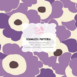 May include: Seamless pattern featuring large, stylized purple flowers with cream-colored centers and dark brown accents. The design includes the text "SEAMLESS PATTERN" and other details about the image file.