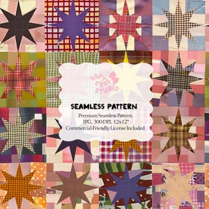May include: A patchwork design featuring star shapes in various colors and patterns, including plaid and gingham. The image includes the text "SEAMLESS PATTERN" and details about the file, such as its size of 12x12 inches.
